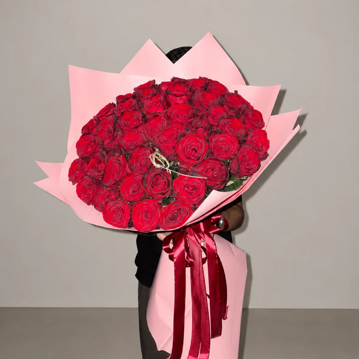 Red Roses in Pink Wrap 45 pc
